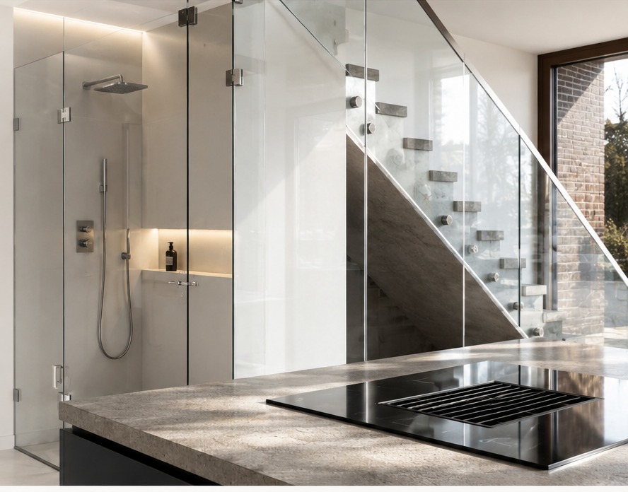 Glasdusche und Ganzglasgeländer in modernem Innenraum von Menn Glas